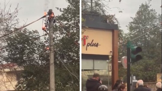 Tiranë/ Panik tek ish-Stacioni i Trenit, shtylla e korrentit shpërthen në flakë