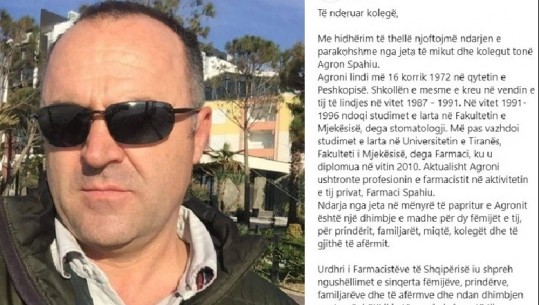 Ndërron jetë farmacisti shqiptar, Urdhri i Farmacistëve: Ndarja e parakohshme nga jeta, dhimbje për të afërmit dhe miqtë