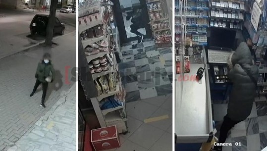 Pogradec/ Theu xhamin e derës me gurë, momenti kur i riu futet brenda marketit dhe vjedh 3000 lekë (VIDEO)