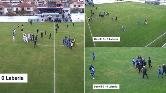 VIDEO/ Dhuna ulet këmbëkryq në futbollin shqiptar, në Devoll goditet anësori! Futbollistët përleshje në fushë, policia arreston tre tifozë