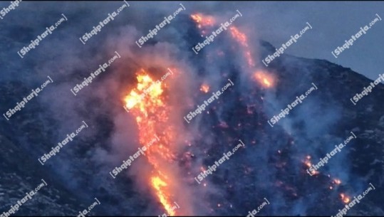 Vlorë/ Zjarr në kodrën e fshatit Dukat, digjen shkurre dhe bimësi, era favorizon përhapjen e flakëve  (VIDEO)