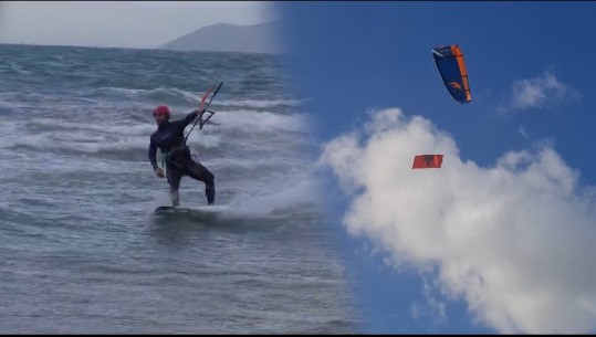 ‘Kitesurf’ në Vlorë, flamuri kuqezi valëvitet mes detit