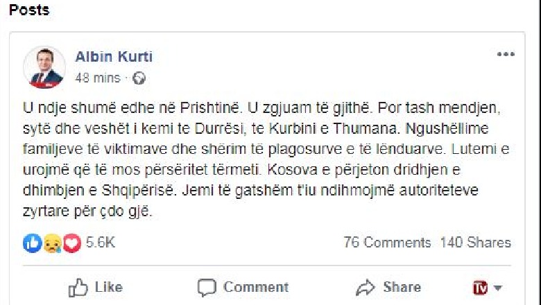  Albin Kurti: Kosova e përjeton dridhjen dhe dhimbjen e Shqipërisë