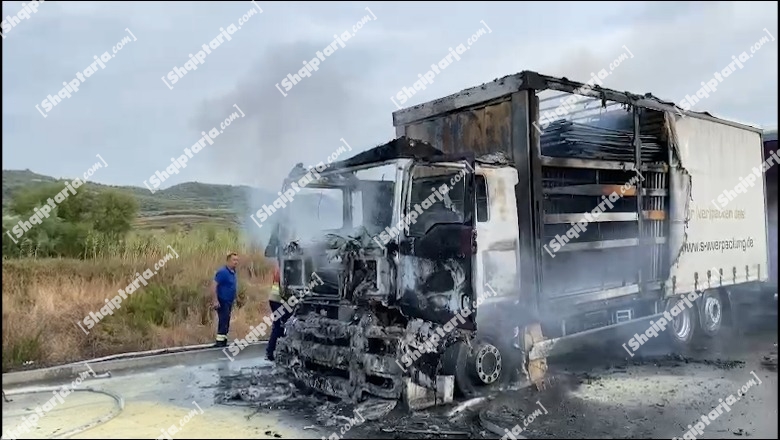 VIDEO/ Kamioni përfshihet nga flakët në aksin Fier-Vlorë, shpëton shoferi