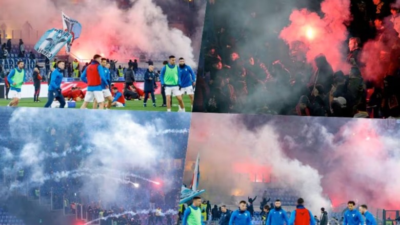 VIDEO/ Skena lufte në 'Olimpico', tifozët e Romës dhe Lazios përplasen masivisht në derbi